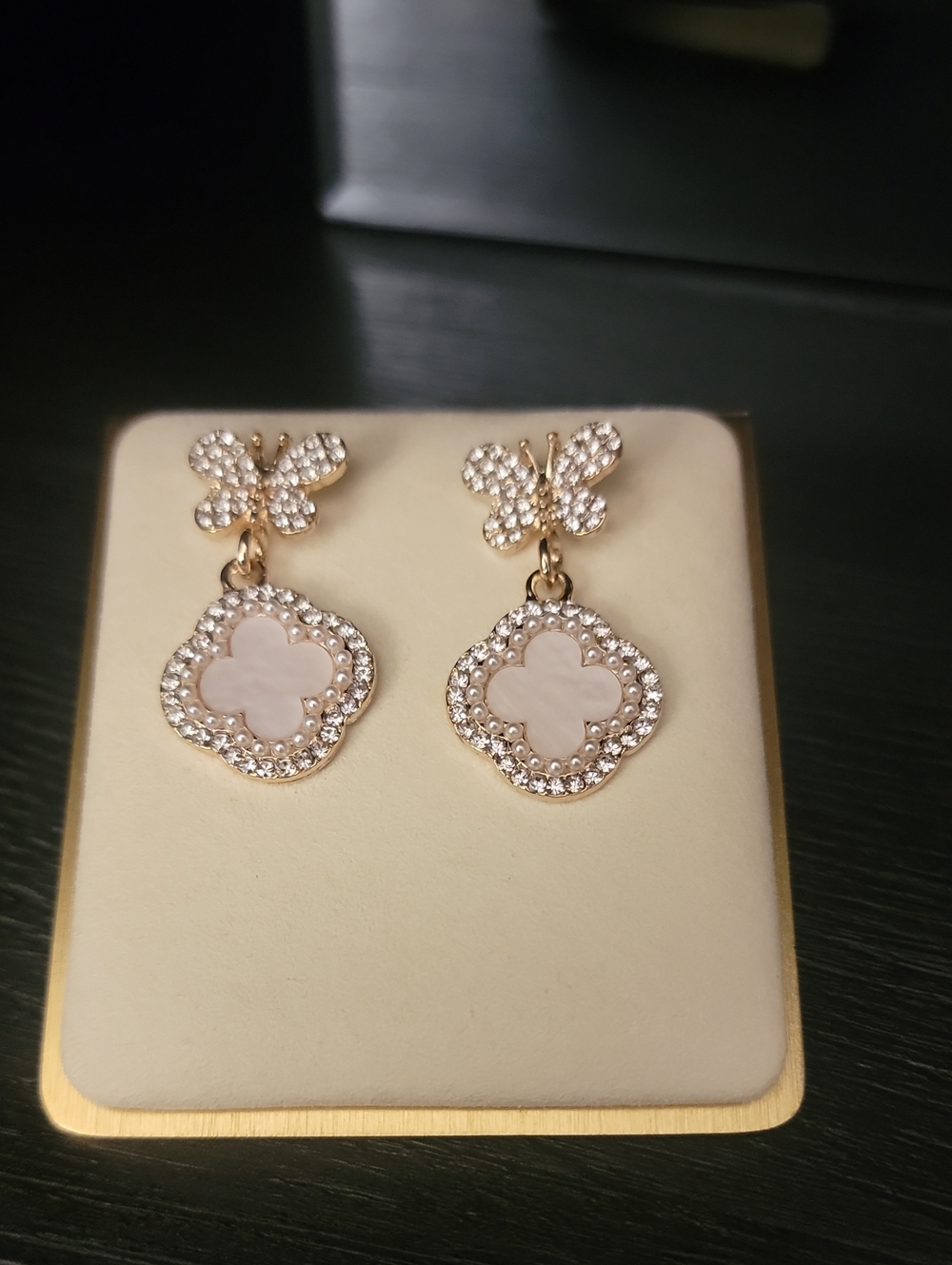 Gold-Tone Butterfly Drop Earrings with White Mother-of-Pearl Clover